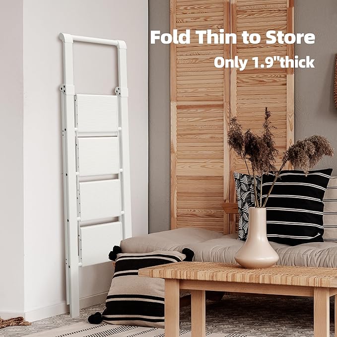 HillhutApex 4 Step Foldable Aluminum Step Ladder with Handgrip, Anti-Slip Pedal, 330 lbs Capacity, Lightweight & Portable for Home, Kitchen, Office, Garage (White)