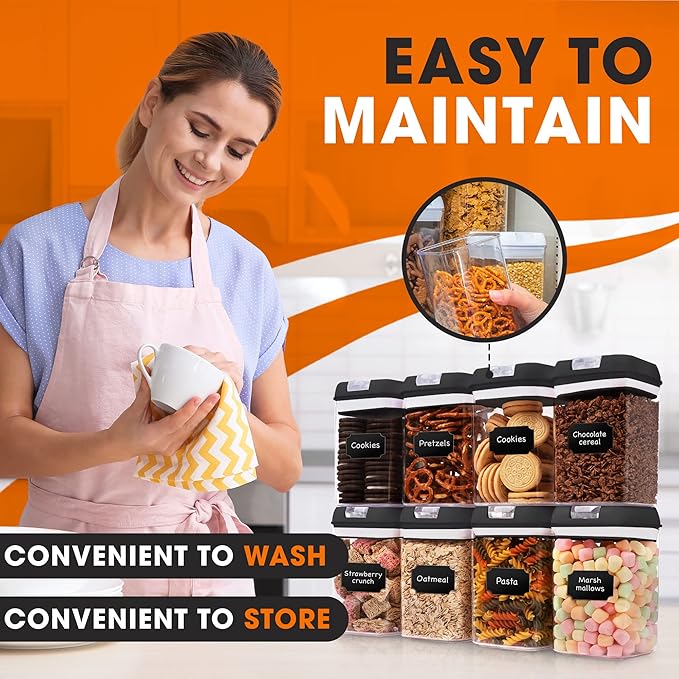 Cheer Collection Airtight Food Storage Containers, Kitchen Storage Containers for Pantry, Set of 8 Food Containers with Lids Airtight, Pantry Storage Containers & Organizers with Lids, Black