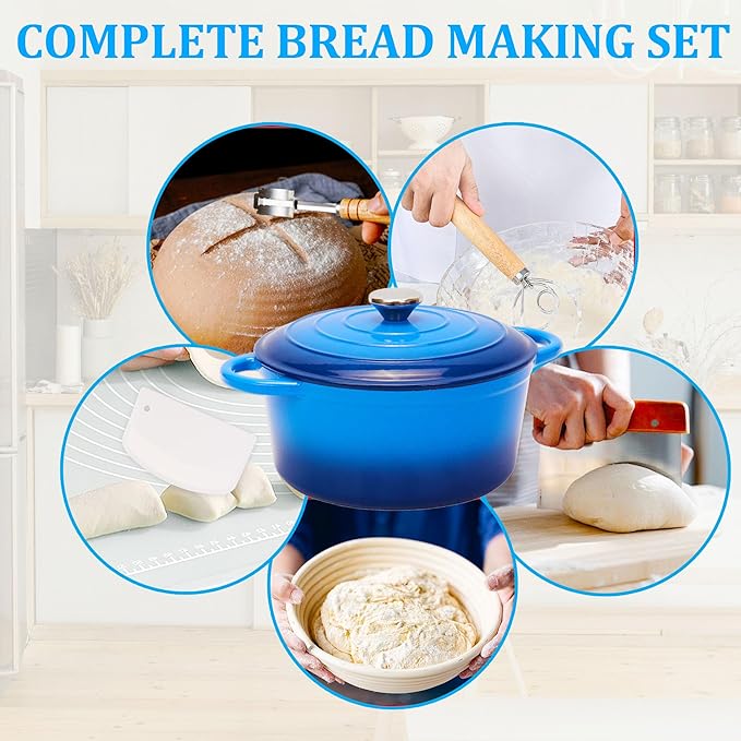 5QT Enameled Cast Iron Bread Oven with Proofing Basket for Bread Baking, Bread Making Supplies Tools,Heavy-Duty Cookware for Braising, Stews, Roasting, Bread Baking (Blue)