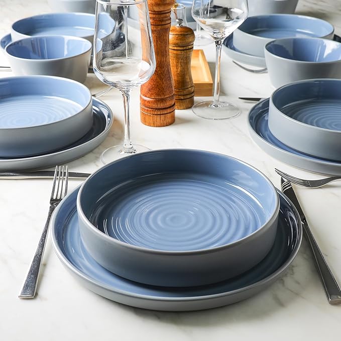 Stone Lain Elica 12-Piece Modern Dinnerware Set Stoneware, Plates and Bowl Sets for 4, Blue and Grey