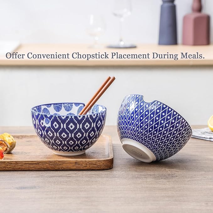 Selamica Ceramic Ramen Bowls Set, 15 OZ Noodle Bowls for Kitchen with Chopsticks, Deep Soup Bowls for Japanese Ramen Udon Soba, Microwave Dishwasher Safe, Set of 4, Vintage Blue