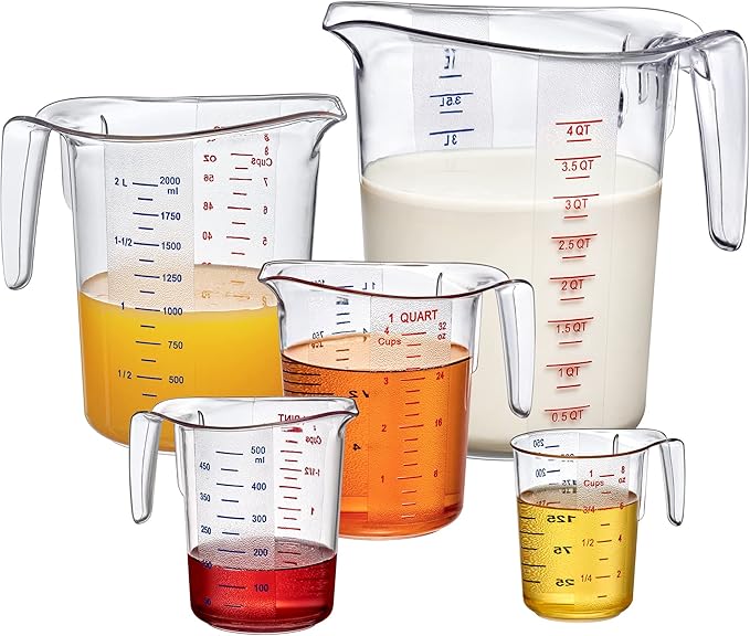 Amazing Abby - Melissa - Plastic Measuring Cups (5-Piece Set), Food-Grade Measuring Jugs, 1/2/4/8/16-Cup Capacity, Unbreakable, Stackable, Dishwasher-Safe, Great for Oil, Vinegar, Flour, and More