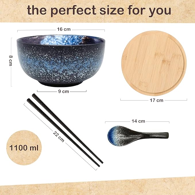 38 OZ Large Ceramic Ramen Bowls Sets， Japanese ramen bowls, soup bowl, noodle bowls with Spoons and Chopsticks For Salad, Rice, Noodles, Microwave & Dishwasher Safe (Ramen bowl set)
