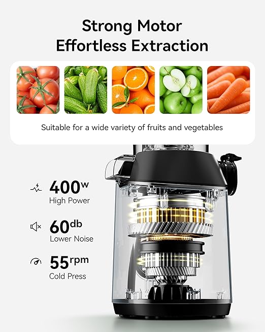 Cold Press Juicer, EUHOMY 5.4" Wide Feed Chute Juice Extractor Machine with 400W, High Juice Yield, Slow Masticating Juicer for Whole Vegetables & Fruits, Deep Gray