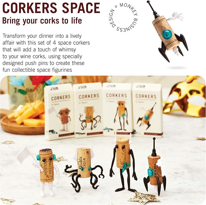 Corkers Wine Accessories by Monkey Business, Set of 4 Collectible Spaced Themed Designs, Crafting Parts for Corks. Gifts for Wine Drinkers and Wine Enthusiasts