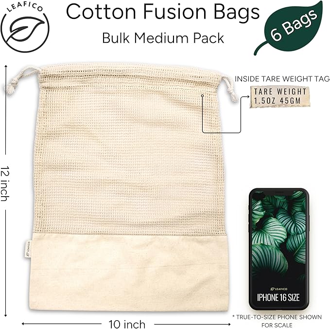LEAFICO Reusable Produce Bags – 100% Cotton Mesh & Solid Hybrid (Medium 10x12 inch 6 Pcs) – Reusable Grocery Bags for Apples, Carrots, Bulk Vegetables – Washable, Plastic-Free, Breathable, Zero Waste