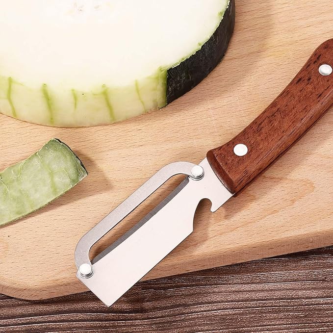 Multi-Functional Vegetable Peeler, Stainless Steel Fruit Peeler with Bottle Opener & Wooden Handle Practical Kitchen Food Veggie Tool Gadget Accessories Supplies for Apple Potato Mango Kiwi