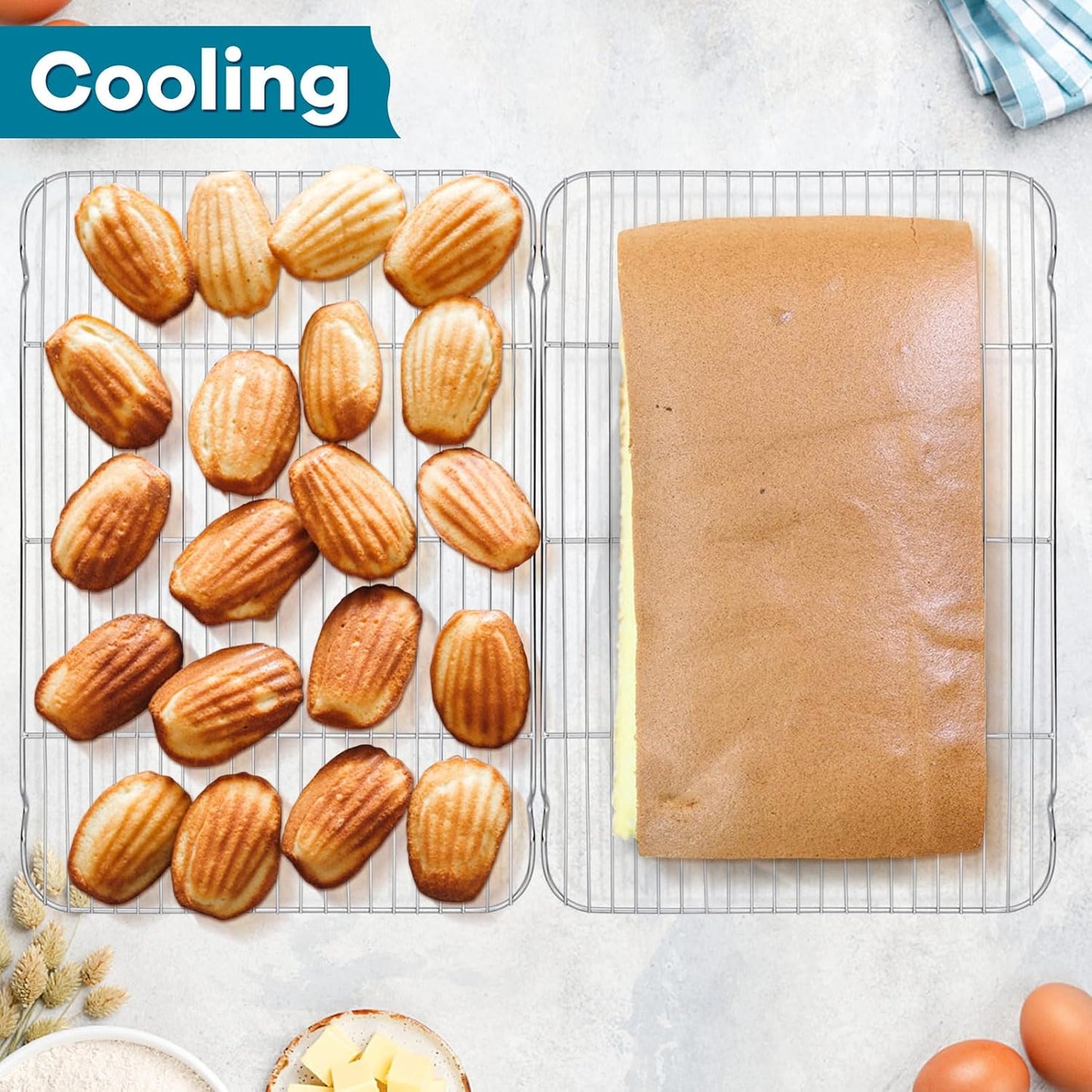 P&P CHEF Baking Cooling Rack Set for Cooking Roasting, 4-Piece Stainless Steel Wire Racks for Oven Use, Healthy & Dishwasher Safe, Rectangle, 16.6 Inch