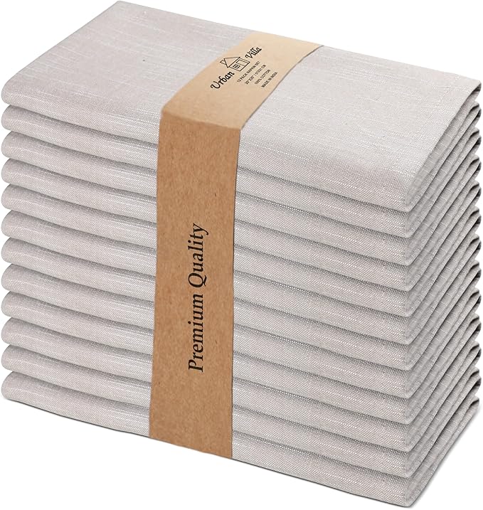 Urban Villa Cloth Napkins 100% Cotton Slub Absorbent Dinner Napkins (Set of 12) Oversized 20x20 Inches Beige White Chambray Soft Durable Reusable Washable Ideal for Everyday Use Premium Quality