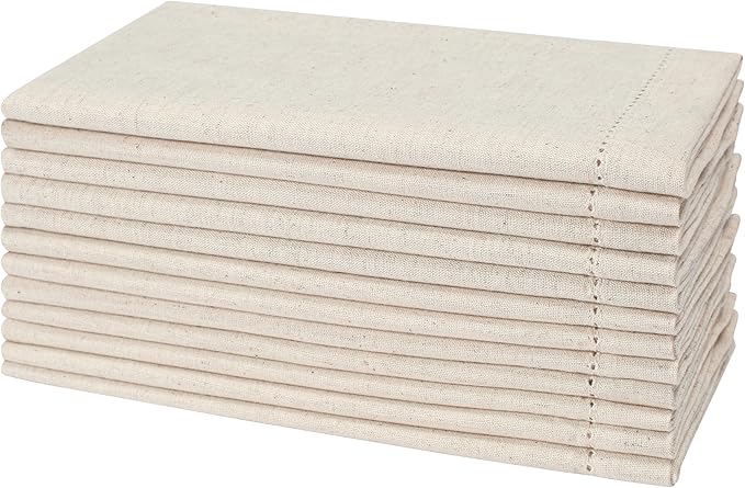 Natural Color Blend Cotton Linen Napkins Set of 12 - Hemstitched 18x18 Inch Decorative Elegant Soft Washable Reusable Flax Dinner Napkin for Dining Table Décor Weddings Party Christmas & Everyday Use