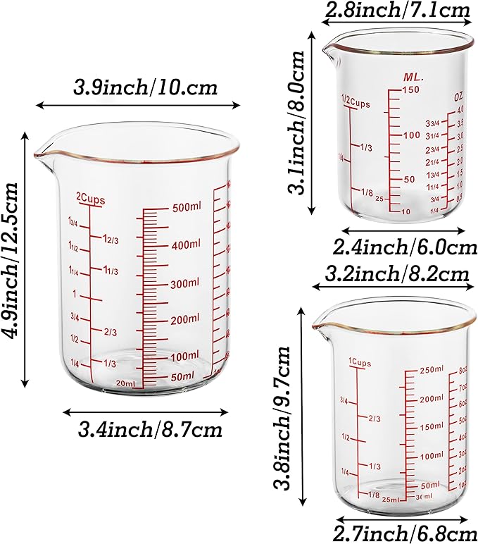 3 Piece Glass Measuring Cup Set, Includes 1/2-Cup, 1-Cup, and 2-Cup High Borosilicate Glasss Liquid Measuring Cups, Dishwasher, Freezer, Microwave, and Preheated Oven Safe, Essential Kitchen Tools