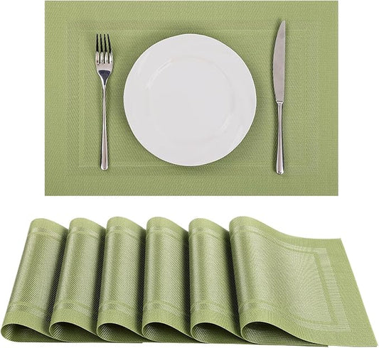 SHACOS Woven Vinyl Placemats Set of 6 Wipe Clean Place Mats for Dining Table Heat Resistant PVC Weave Table Mats Indoor Outdoor (6, Frame Olive Green)