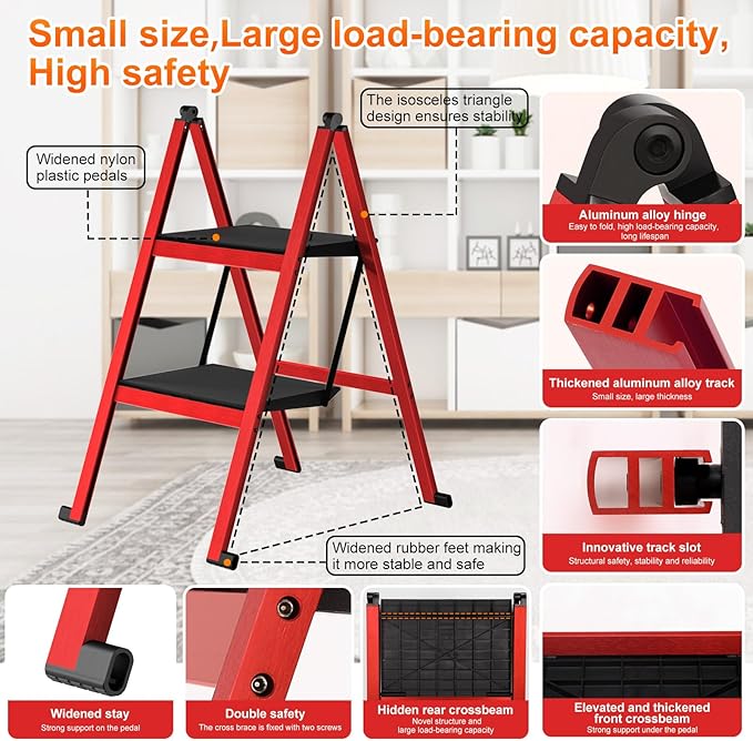 2 Step Ladder,Aluminum Ultra Thin Folding Step Stool,400 Lbs Capacity Heavy Duty with Anti-Slip Sturdy and Wide Steps,Closet Slim Step for Home,Kitchen and Office,Space Saving (Red, 2-Step)