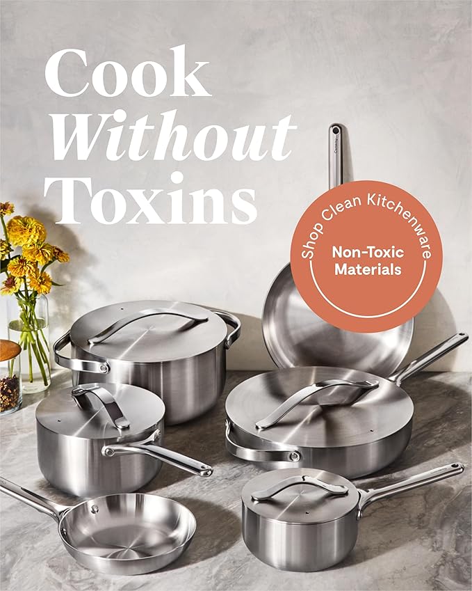 Caraway Stainless Steel Deluxe Cookware Set (16 Piece) - 5-Ply Stainless Steel Pots, Frying Pans, Lids and Kitchen Storage - Non Toxic, PTFE & PFOA Free