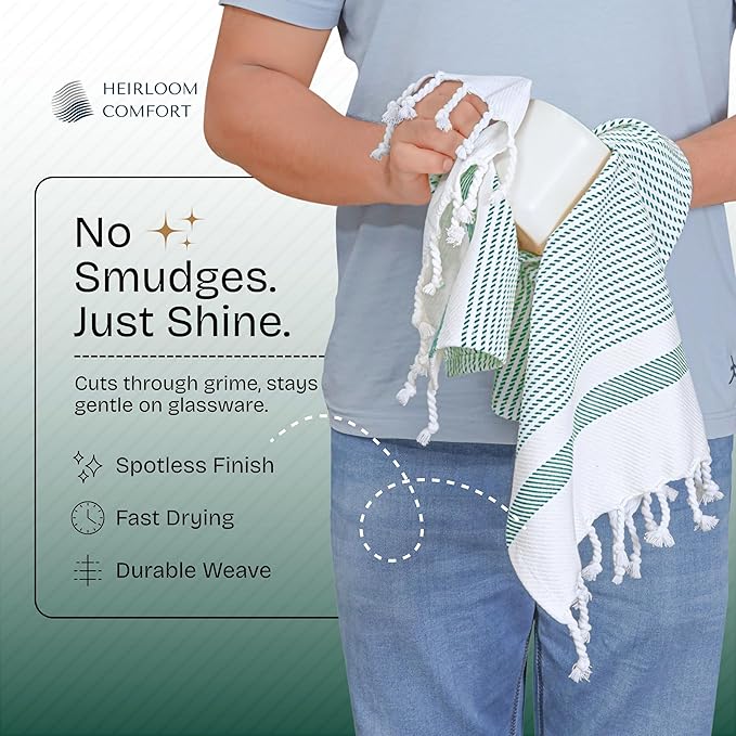 Turquiose Green Turkish Kitchen Towels 16"x26", 5 Pack, 100% Cotton, Ultra Absorbent, Soft, Fast Dry, Machine Washable, Dish Towel with Tassels for Drying Dishes, Cleaning, Wiping