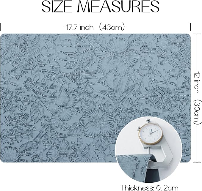 Romanstile Vinyl Placemats Set of 8-12 X 18 Inch - Heat Resistant Non-Slip Embossed Floral Place Mats 100% Waterproof Oilproof Wipeable Faux Leather Table Mats for Kitchen/Dining/Party, SkyBlue