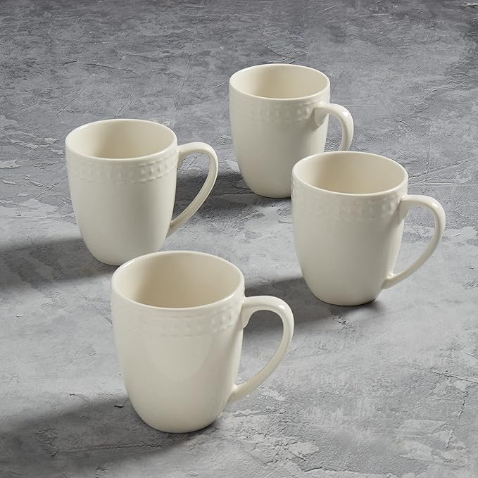TTU Tabletops Gallery Embossed Bone White Porcelain Round Dinnerware Collection- Chip Resistant Scratch Resistant, Bloom 4 Piece Mug Set