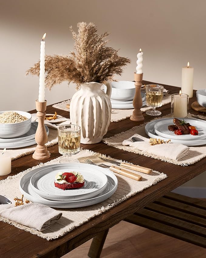 Stoneware Dinnerware Sets, Plate and Bowl Sets for 6, 18 Pieces Spiral Flared Dishware Set with Speckles & Reactive Glaze - Microwave and Dishwasher Safe Tableware, White