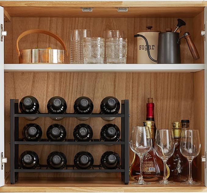IBUYKE Wine Racks Countertop, 3 Tiers Metal Wine Rack,Wine Rack Freestanding Storage 12 Bottle Capacity, for Home Kitchen, Pantry, Wine Cellar, Bar, Black UTMJ906H
