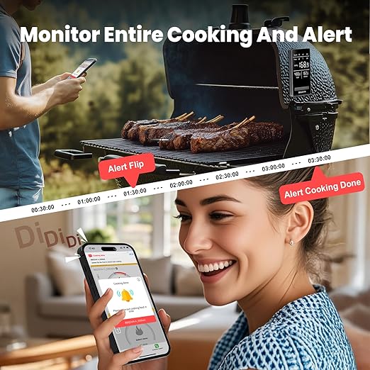WiFi Sub-1G Wireless Meat Thermometer Unlimited Range 7 NIST Cert.Sensors IP68 With Ambient Temp Accuracy ±0.5°F APP&Magnet Smart Digital Base,Monitor for BBQ, Grill,Oven,Smoker(1,Black,Small)