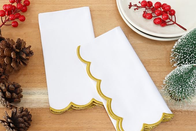 PurpleEssences Scalloped Embroidery Cloth Napkins Christmas Holiday Winter Table Decor 100% Cotton Set of 4-18 x 18 inch - White - Edges - Gold