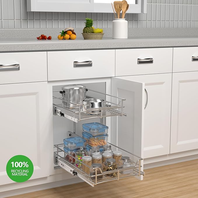 2 Tier Pull Out Cabinet Organizer (11"W x 22"D), Roll Out Shelves and Drawer for Kitchen Pantry Storage Basket, Heavy-Duty Metal Sliding Shelf