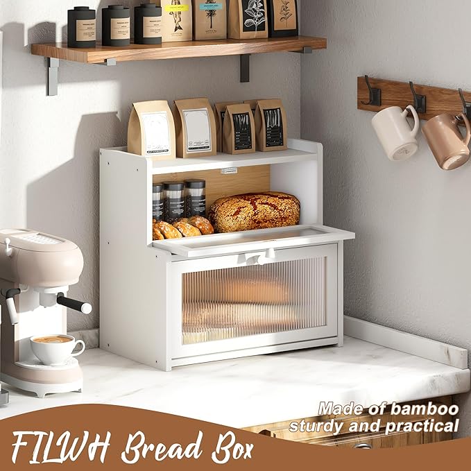 FILWH Bread Box for Kitchen Countertop Double Layer Large Corner Bread Box Capacity Bread Storage Bin Farmhouse Breadbox Container Organizer Cabinet Cupboard (White)