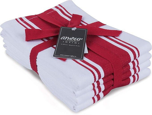 AMOUR INFINI Kitchen Towels 100% Cotton Pack of 4, Highly Absorbent Quick Drying Premium Striped Dish Towel for Kitchen with Hanging Loop Hand & Tea Towels (Red)