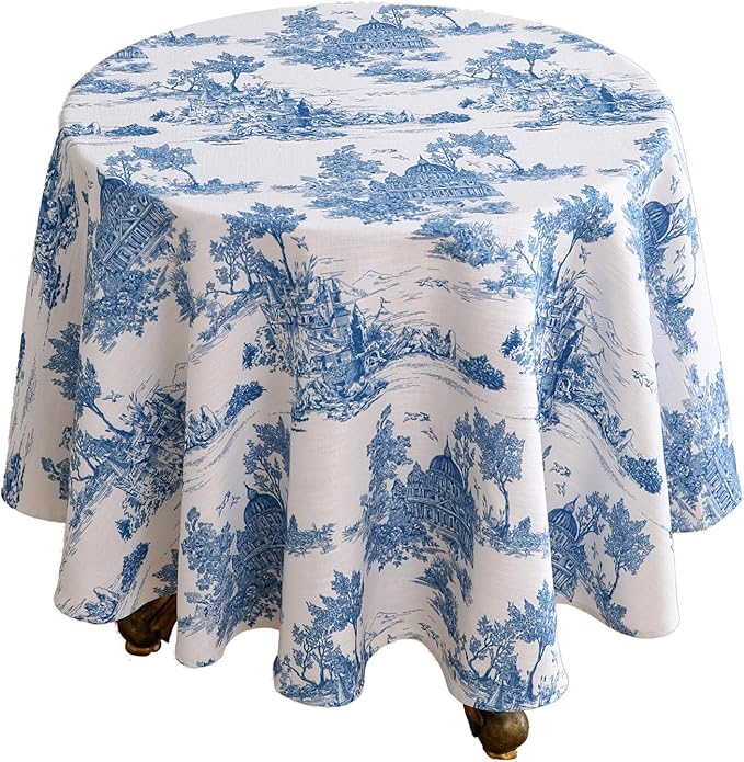 patdrea Designer Cyan Tablecloth for Round Tables,Vintage Linen with Ancient Castle and Manor Pattern Tablecloths,Elegant Table Cover Cloth Decor for Kitchen Dining Christmas,55"*55"