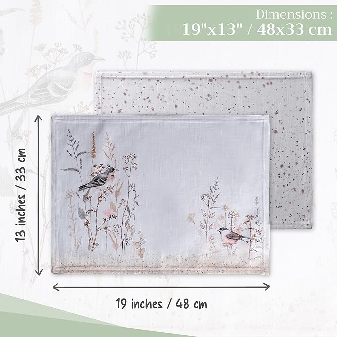 Maison d' Hermine Placemats Set of 4 100% Cotton Washable Cloth Place Mats, Reusable Table Mats for Kitchen Dining Decoration, Party, Restaurant Spring/Summer (Meadow Florals - Brown, 13" x 19")