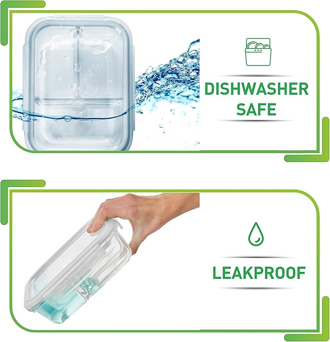 PrepNaturals 5 Pack 34 Oz Glass Meal Prep Containers - Dishwasher Microwave Freezer Oven Safe - Glass Storage Containers with Lids (Multi-Compartment)