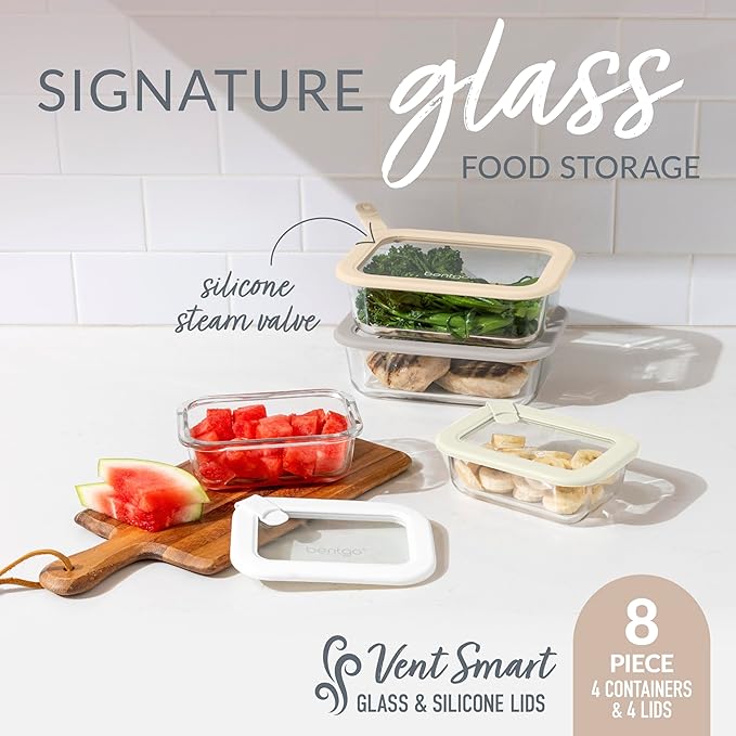 Bentgo Signature Leak-Proof Glass Food Storage - 8-Piece Set, 1-Compartment Plastic-Free Containers with Airtight Glass Lids, BPA-Free, Microwave, Freezer, Oven & Dishwasher Safe (White Stone)