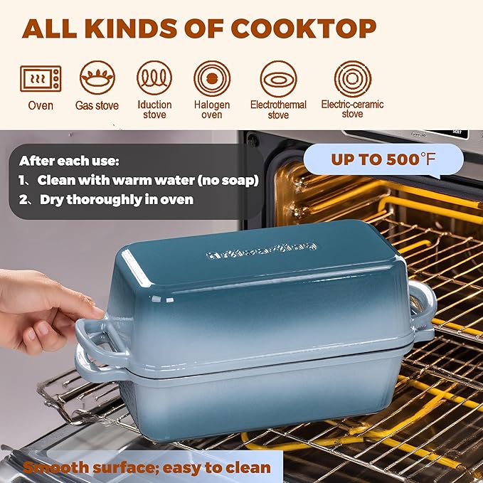 11x5 Inch Cast Iron Bread Loaf Pan With Lid, 5.8 Qt Large Loaf Pan for Sourdough Bread Baking, Heavy Duty Dutch Oven Bread Pan For a Crispy Crust, Seasalt