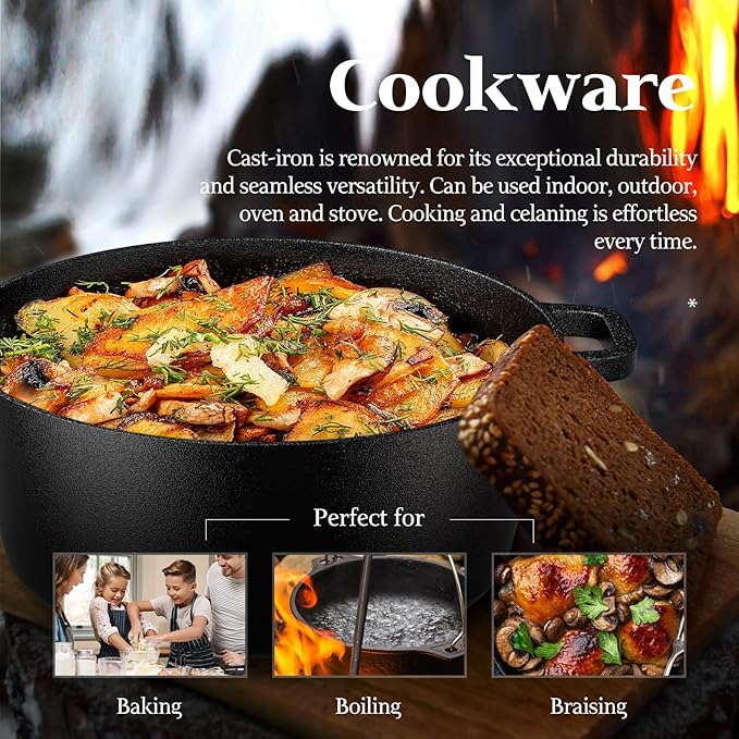 Cast Iron Dutch Oven for Bread Baking, 5QT Cast Iron Bread Pan with Lid, Sourdough Baking Supplies Tools like Banneton Proofing Basket, Bread Dutch Oven