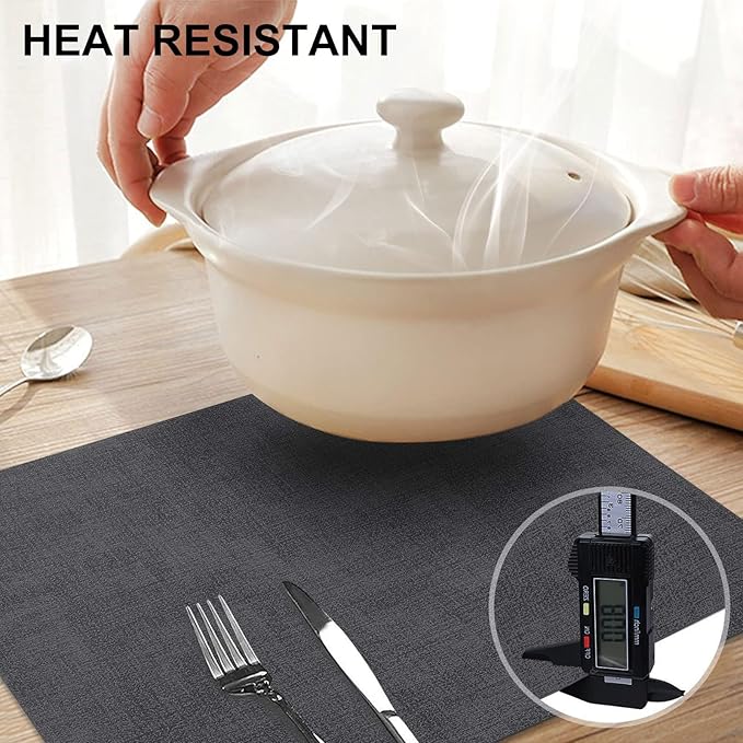 homing Faux Leather Heat Resistant Placemats 12 Packs, Waterproof Wipeable Dining PU Place Mats for Indoor & Outdoor, Easy to Clean, Charcoal