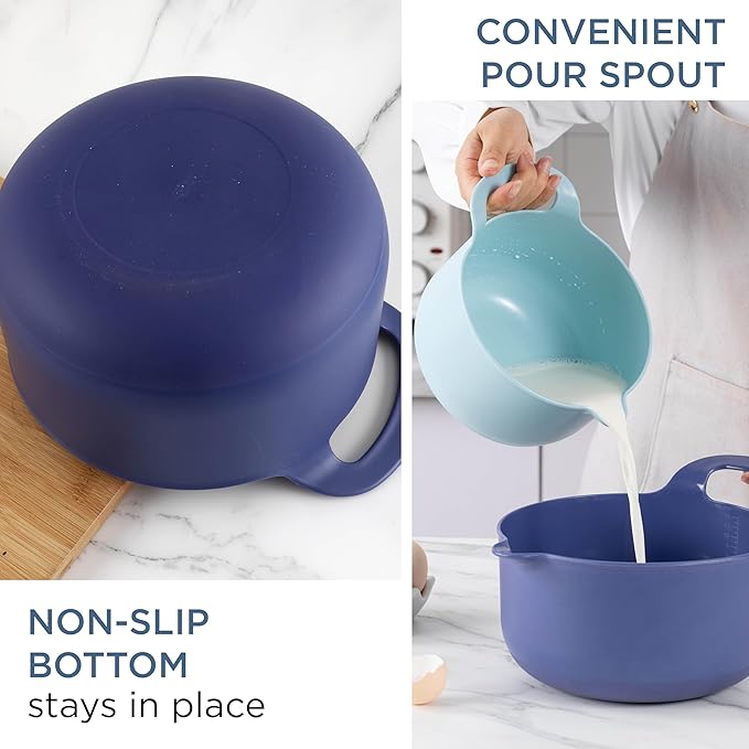 COOK WITH COLOR Nesting Plastic Mixing Bowl Set with Pour Spouts and Handles, Ombre Blue, 4 Piece Non-Slip