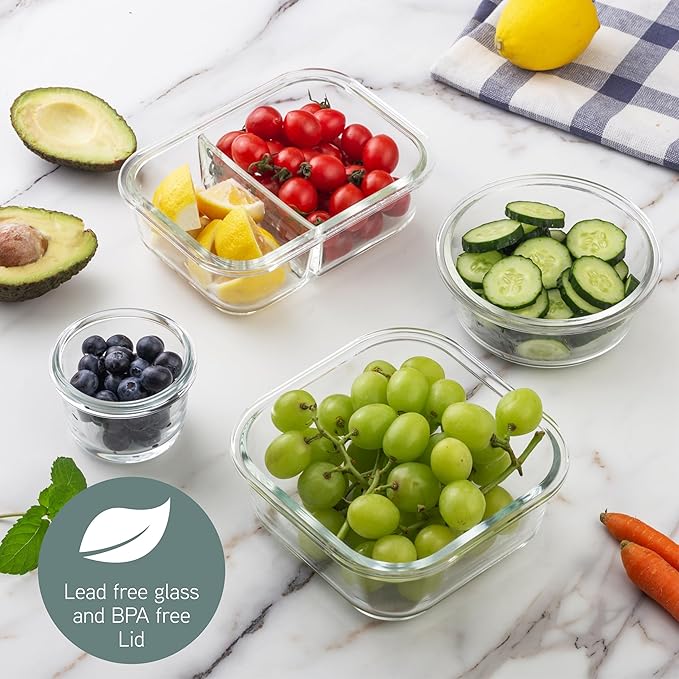 COOK WITH COLOR Premium 32-Pc. Borosilicate Glass Food Container Set with Dividers - 4 Rectangles, 8 Rounds, 4 Squares - Leakproof Lids - Meal Prep, Storage, Ombre Green