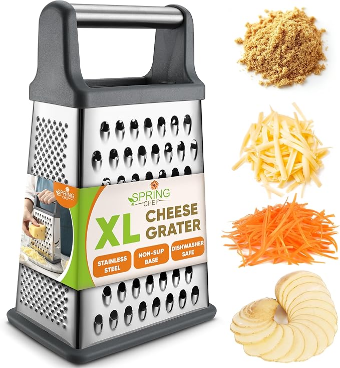 Spring Chef Professional Cheese Grater - Stainless Steel Box Grater for Kitchen, XL Size, 4 Sides - Perfect Shredder for Parmesan Cheese, Carrot, Potato, Ginger - Dishwasher Safe - Gray