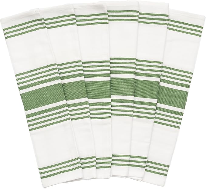 Olive Green Stripes Kitchen Towels - 6 Pack, 30"x20", 100% Cotton Olive Green Dish Towels with Hanging Loop - Lint-Free, Absorbent, Reusable, Washable, Large Size and Durable Dish Rags