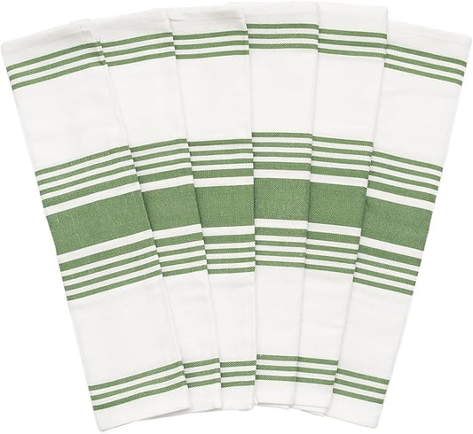 Olive Green Stripes Kitchen Towels - 6 Pack, 30"x20", 100% Cotton Olive Green Dish Towels with Hanging Loop - Lint-Free, Absorbent, Reusable, Washable, Large Size and Durable Dish Rags