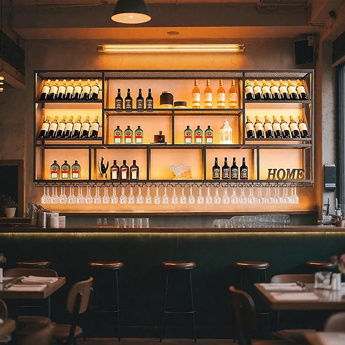 3 Tier Wall Mounted Metal Wine Rack, Modern Industrial Liquor Bottle Display Shelves, Large Bar Shelf with Wine Glass Rack, Black, for Home Kitchen, Dining and Bar (71 in)