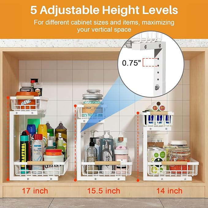 REALINN Under Sink Organizer, Height Adjustable Under Sink Organizers and Storage, 2 Tier Pull Out Drawer Cabinet Storage for Kitchen Bathroom, 1 Pack, White