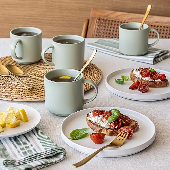 over&back Stackable Stoneware Coffee Mugs - 4-Piece Mug Set - Enjoy the Perfect Cup of Coffee, Tea, Latte, and More - Semi-Matte Sage- 14oz
