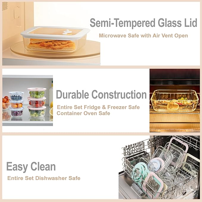 Urban Green Glass Food Container Set with Silicone Glass Lid, 3 Pack, Airtight, LeakProof, 100% Plastic Free, Meal Prep Food Storage Containers