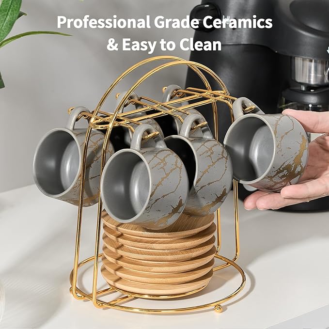 LUKA Ceramic Espresso Cups with Saucers and Metal Stand, Small 4 oz Porcelain Demitasse Cups Set of 6, Cute Cappuccino Coffee Cups for Double Espresso, Tea, Marbling Gray