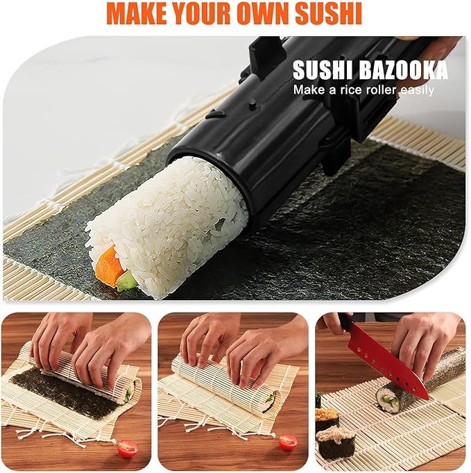 Sushi Making Kit, Sushi Roller, Sushi Bazooka, Sushi Maker, Bamboo Sushi Rolling Mat for Beginners (Black)