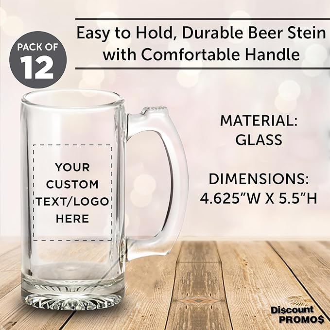 12 Libbey Beer Mugs Set, 12 oz. - Customizable Text, Logo - Groomsmen Glassware - Clear