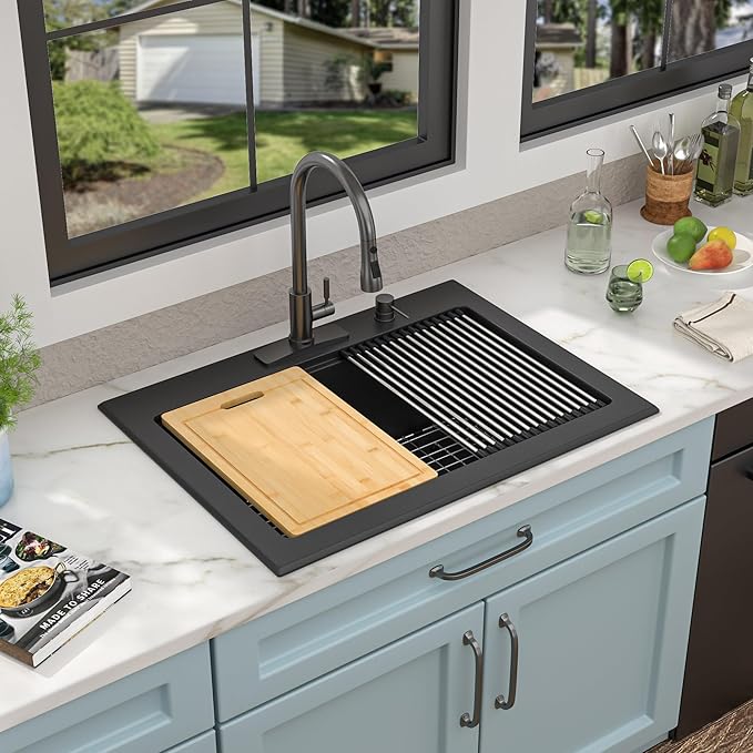 30"x22" Granite Composite Kitchen Sink – Matte Black Ledge Workstation Drop-In Topmount Granite Quartz Classic Single Bowl Sink Basin