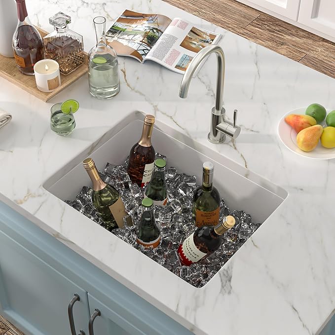 22"x17" Undermount Wet Bar Sink - White Granite Composite Quartz Classic Single Bowl Under Counter Small Kitchen Bar Prep RV Sink Basin