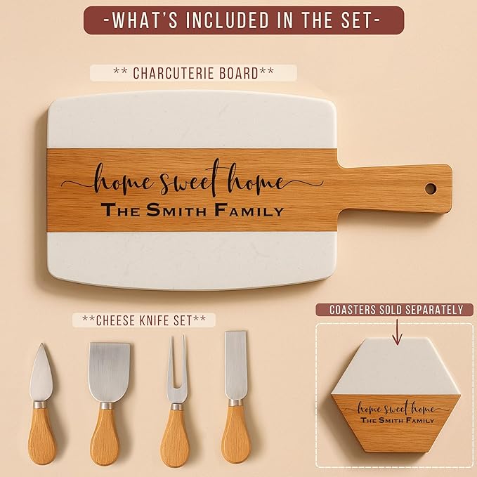 Personalized Cutting Board & 4 Coasters Set – Acacia Wood & Marble – Multi-Purpose, Food-Safe Charcuterie Boards – Gift for Weddings, Housewarmings, Christmas, Anniversaries & Bridal Showers Gifts
